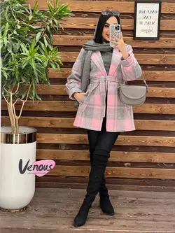 خرید اینترنتی پالتو چهارخونه کمردار کد 2175 فروشگاه ونوس مد
