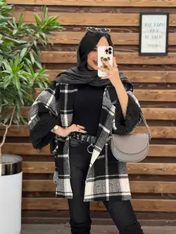 خرید اینترنتی پالتو چهارخونه آستین خز کد 2213 فروشگاه ونوس