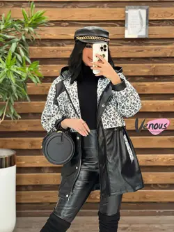 پالتو چرم ترکیبی پلنگی کد 2237  شیک و خاص درمجموعه ونوس مد