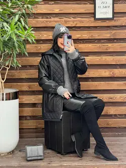 خرید اینترنتی کاپشن لوزی دوزی آستین چرم کد 2308 در ونوس مد