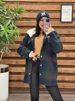 شکت چهارخونه کلاه خز کد 2329 شیک و جذاب در مجموعه ونوس مد