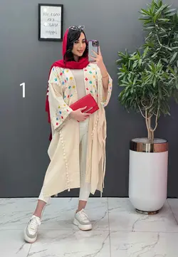 خرید اینترنتی مانتو لنین نچرال بلند طرح دوزی شده ونوس مد