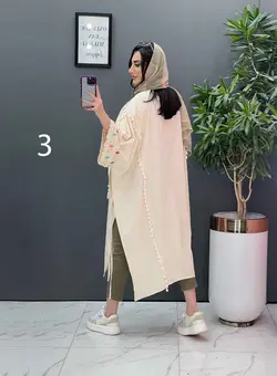 خرید اینترنتی مانتو لنین نچرال بلند طرح دوزی شده ونوس مد