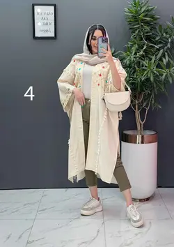 خرید اینترنتی مانتو لنین نچرال بلند طرح دوزی شده ونوس مد