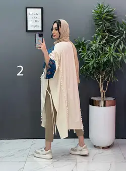 خرید اینترنتی مانتو لنین نچرال بلند طرح دوزی شده ونوس مد