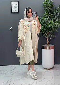 خرید اینترنتی مانتو لنین نچرال بلند طرح دوزی شده ونوس مد