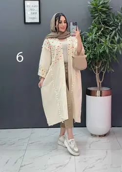 خرید اینترنتی مانتو لنین نچرال بلند طرح دوزی شده ونوس مد