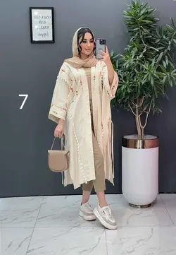 خرید اینترنتی مانتو لنین نچرال بلند طرح دوزی شده ونوس مد