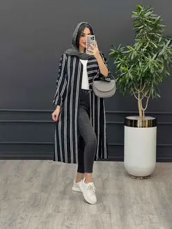 مانتو راه راه بلند آستین سگک کد 3172 در مجموعه انلاینونوس مد