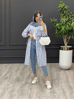 مانتو راه راه بلند کمر گت دار کد 3211 | فروشگاه اینترنتی ونوس مد