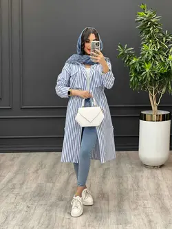 مانتو راه راه بلند کمر گت دار کد 3211 | فروشگاه اینترنتی ونوس مد