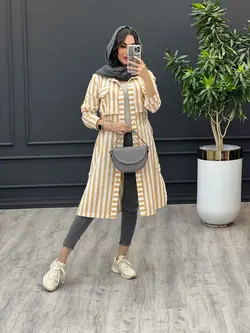 مانتو راه راه بلند کمر گت دار کد 3211 | فروشگاه اینترنتی ونوس مد