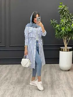 مانتو راه راه بلند کمر گت دار کد 3211 | فروشگاه اینترنتی ونوس مد