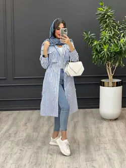 مانتو راه راه بلند کمر گت دار کد 3211 | فروشگاه اینترنتی ونوس مد