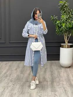 مانتو راه راه بلند کمر گت دار کد 3211 | فروشگاه اینترنتی ونوس مد