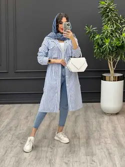 مانتو راه راه بلند کمر گت دار کد 3211 | فروشگاه اینترنتی ونوس مد