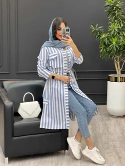 مانتو راه راه بلند کمر گت دار کد 3211 | فروشگاه اینترنتی ونوس مد