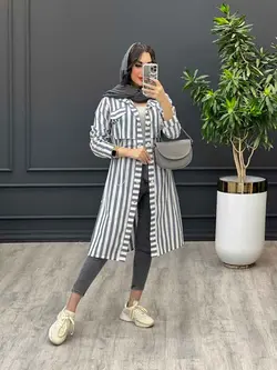 مانتو راه راه بلند کمر گت دار کد 3211 | فروشگاه اینترنتی ونوس مد