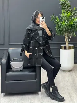 پالتو چهارخونه آستین سگک کد 3535 شیک و خاص در مجموعه ونوس مد