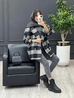 پالتو چهارخونه آستین سگک کد 3535 شیک و خاص در مجموعه ونوس مد