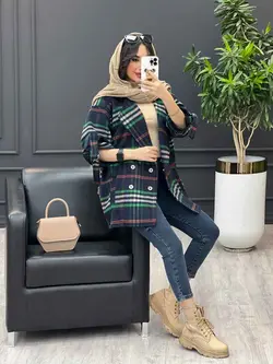 پالتو چهارخونه آستین سگک کد 3535 شیک و خاص در مجموعه ونوس مد