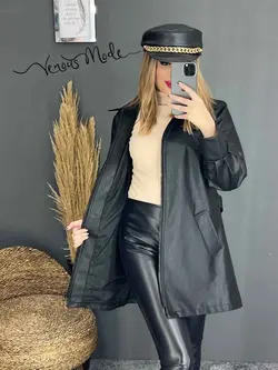 خرید اینترنتی و حضوری پالتو چرم یقه شکاری کد 1080 ونوس مد