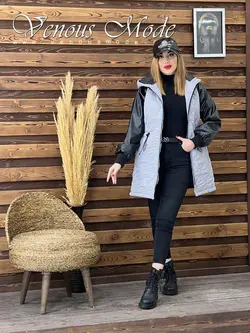 خرید اینترنتی و حضوری کاپشن لوزی دوزی آستین چرم کد 1079ونوس