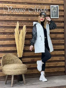 خرید اینترنتی و حضوری کاپشن لوزی دوزی آستین چرم کد 1079ونوس