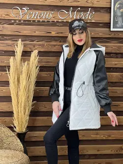 خرید اینترنتی و حضوری کاپشن لوزی دوزی آستین چرم کد 1079ونوس