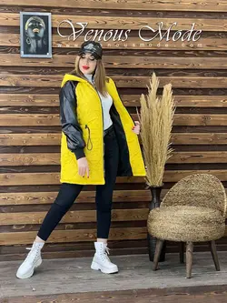 خرید اینترنتی و حضوری کاپشن لوزی دوزی آستین چرم کد 1079ونوس