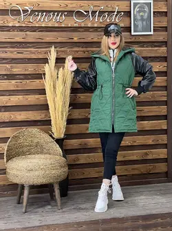 خرید اینترنتی و حضوری کاپشن لوزی دوزی آستین چرم کد 1079ونوس