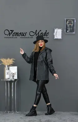 خرید اینترنتی و حضوری پالتو چرم ترکیبی کمرگت کد 909 ونوس مد