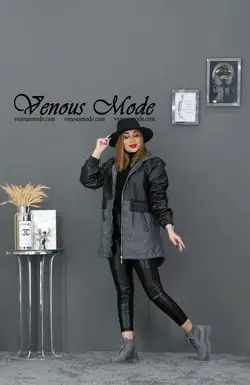 خرید اینترنتی و حضوری پالتو چرم ترکیبی کمرگت کد 909 ونوس مد