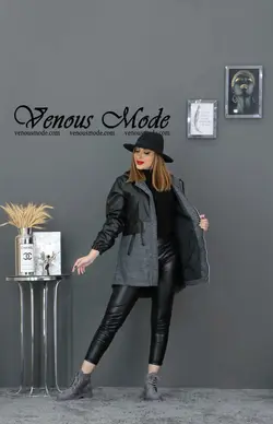 خرید اینترنتی و حضوری پالتو چرم ترکیبی کمرگت کد 909 ونوس مد