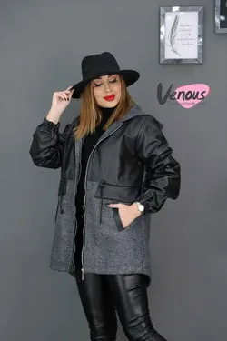 خرید اینترنتی و حضوری پالتو چرم ترکیبی کمرگت کد 909 ونوس مد