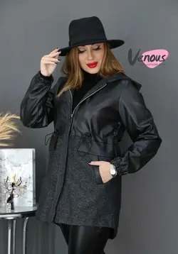 خرید اینترنتی و حضوری پالتو چرم ترکیبی کمرگت کد 909 ونوس مد