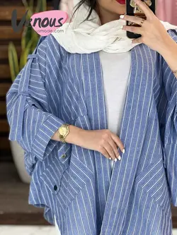 خرید اینترنتی مانتو پانچ راه راه جیب هلالی کد 1657در ونوس مد