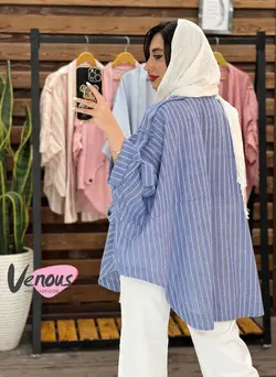 خرید اینترنتی مانتو پانچ راه راه جیب هلالی کد 1657در ونوس مد