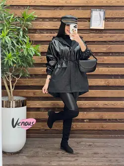 خرید اینترنتی پالتو چرم ترکیبی کمرگت کد 2002فروشگاه ونوس مد