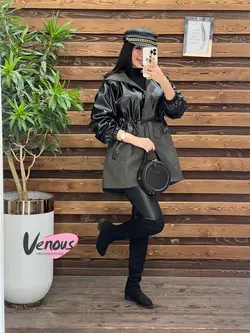 خرید اینترنتی پالتو چرم ترکیبی کمرگت کد 2002فروشگاه ونوس مد