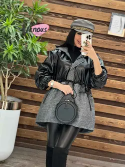 خرید اینترنتی پالتو چرم ترکیبی کمرگت کد 2002فروشگاه ونوس مد