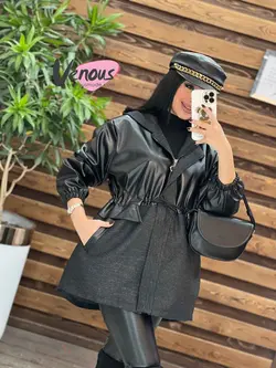 خرید اینترنتی پالتو چرم ترکیبی کمرگت کد 2002فروشگاه ونوس مد