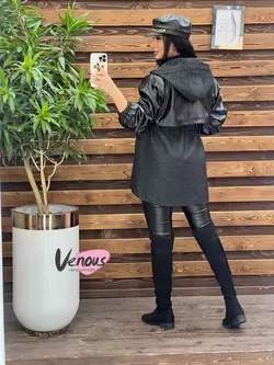 خرید اینترنتی پالتو چرم ترکیبی کمرگت کد 2002فروشگاه ونوس مد