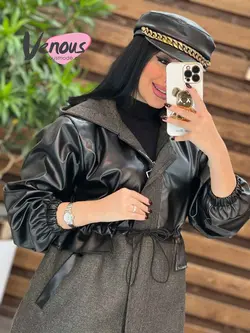 خرید اینترنتی پالتو چرم ترکیبی کمرگت کد 2002فروشگاه ونوس مد