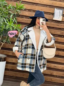 پالتو چهارخونه یقه خز کد 2000 شیک و خاص در مجموعه ونوس مد