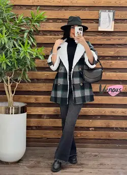 پالتو چهارخونه یقه خز کد 2000 شیک و خاص در مجموعه ونوس مد