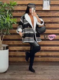 پالتو چهارخونه یقه خز کد 2000 شیک و خاص در مجموعه ونوس مد