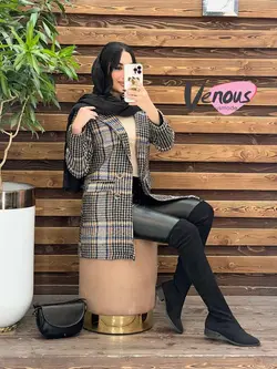 خرید اینترنتی پالتو چهارخونه یقه انگلیسی کد 2018در ونوس مد