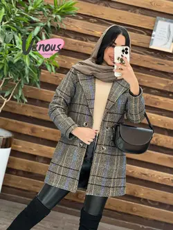 خرید اینترنتی پالتو چهارخونه یقه انگلیسی کد 2018در ونوس مد