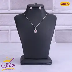 نیم ست نقره خورشیدی بیضی نگین صورتی | AR 220